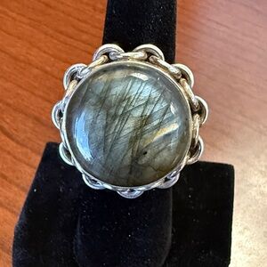 Vintage 925 Sterling Silver Labradorite Chain Circle Statement Ring Size